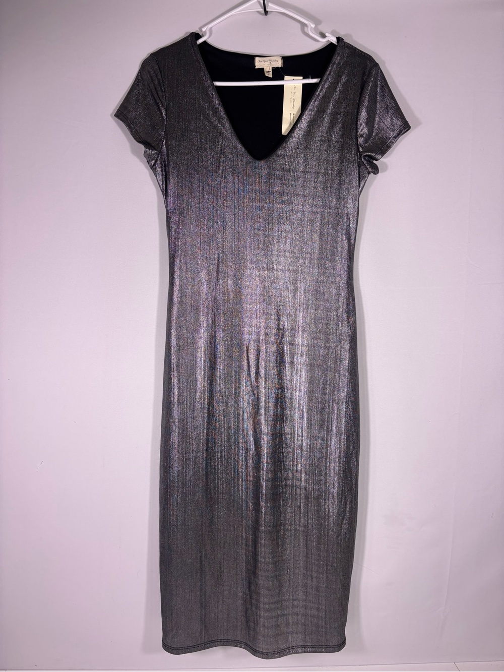 NWT See You Monday Silver Metallic Shimmer Midi Dress V Neck Party Large